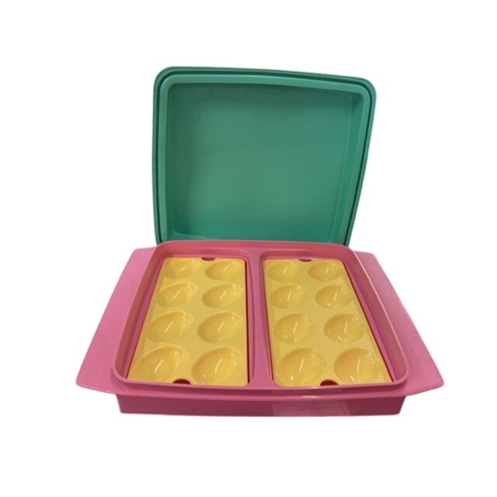 Vintage Tupperware Deviled Egg Carrier Pink Teal Yellow 723
